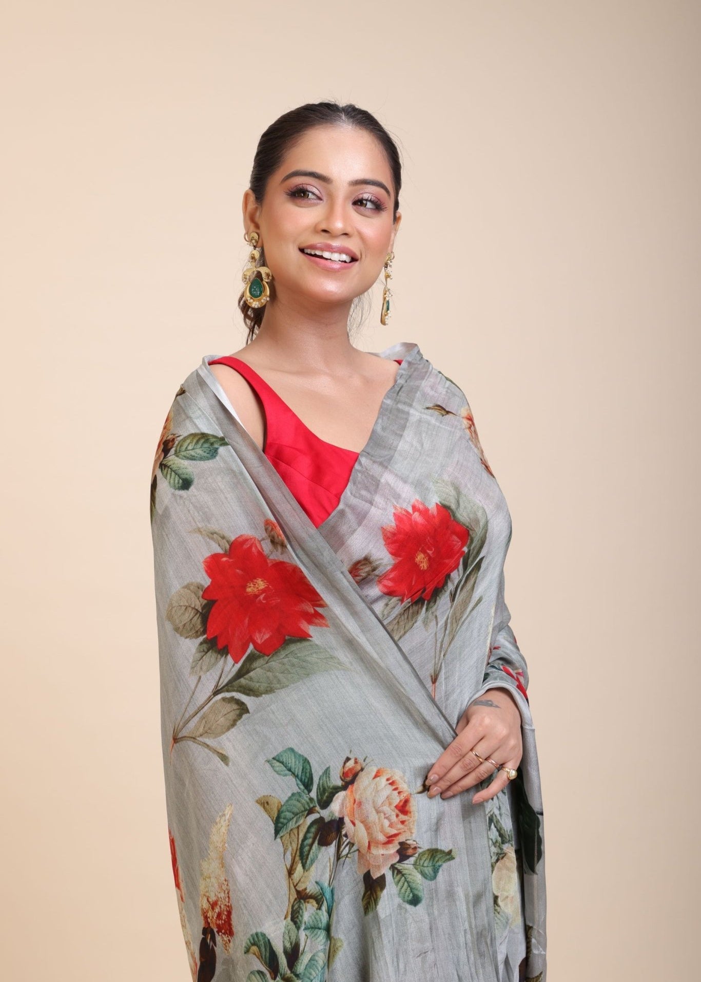 Grey Printed Crepe Silk Saree - Anvi Couture
