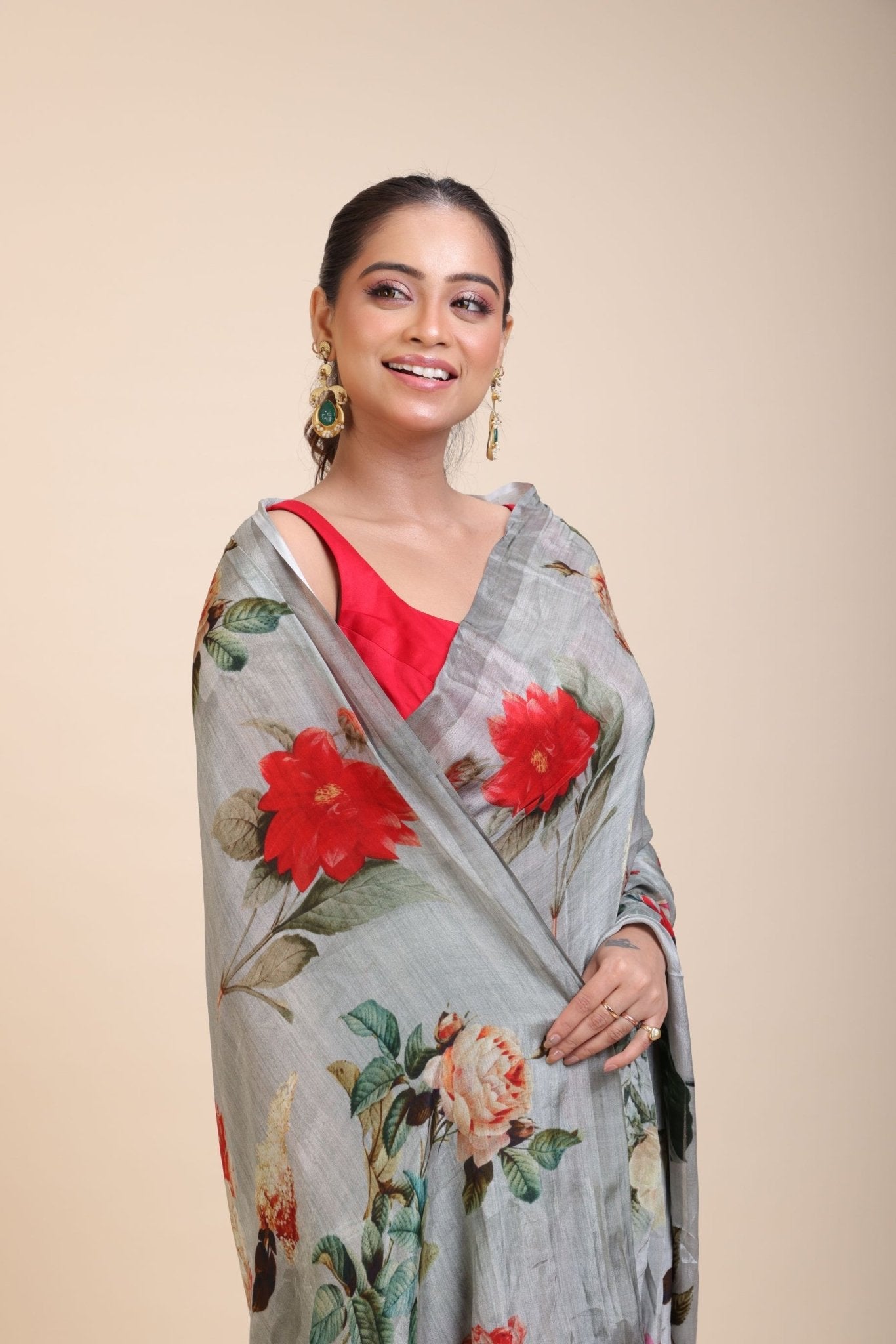 Grey Printed Crepe Silk Saree - Anvi Couture