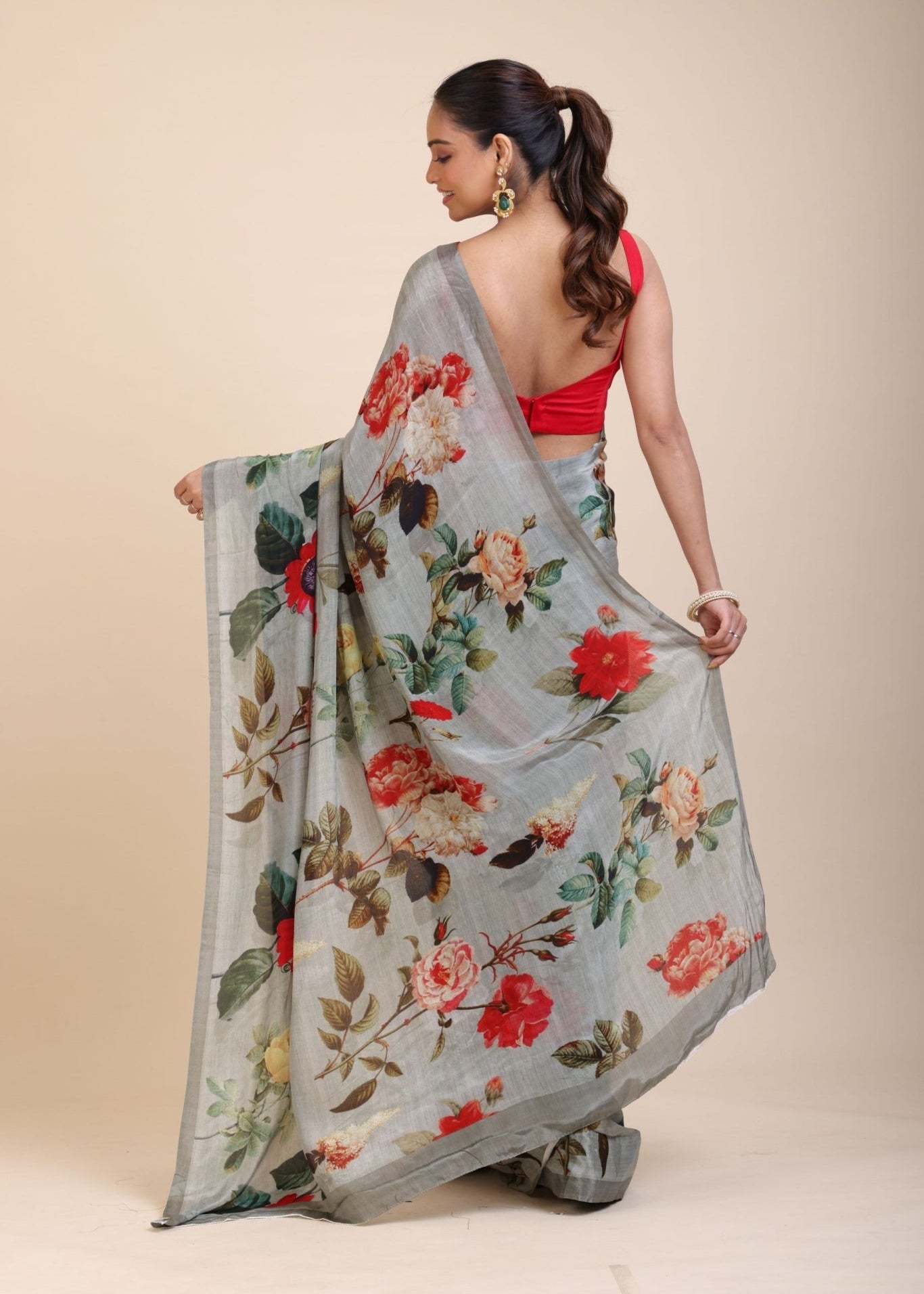 Grey Printed Crepe Silk Saree - Anvi Couture