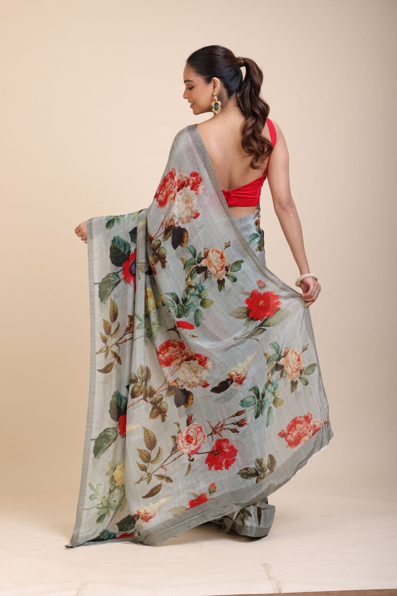Grey Printed Crepe Silk Saree - Anvi Couture