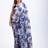 Grey Satin Silk Saree With Blue Floral Prints Full
