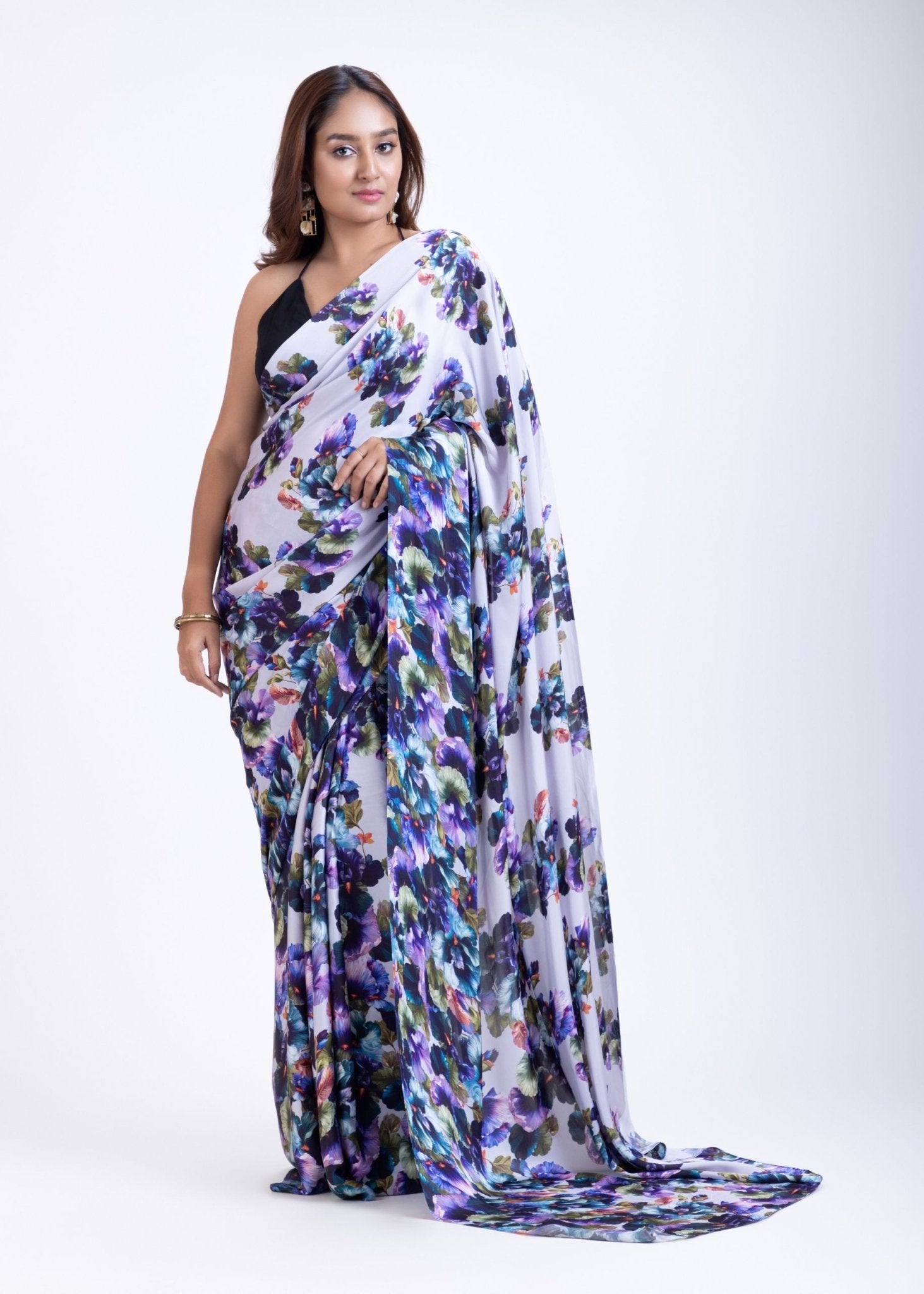 Grey Satin Silk Saree With Blue Floral Prints - Anvi Couture