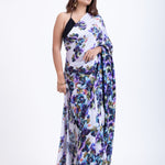 Grey Satin Silk Saree With Blue Floral Prints Front
