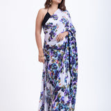 Grey Satin Silk Saree With Blue Floral Prints Front
