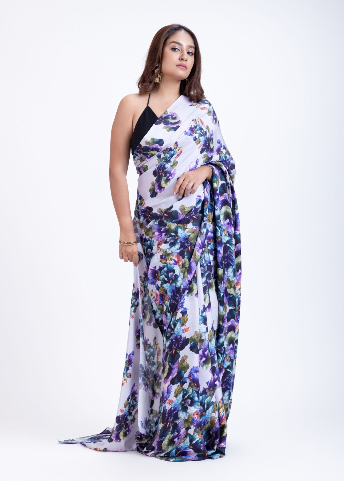 Grey Satin Silk Saree With Blue Floral Prints - Anvi Couture