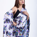 Grey Satin Silk Saree With Blue Floral Prints Close Up
