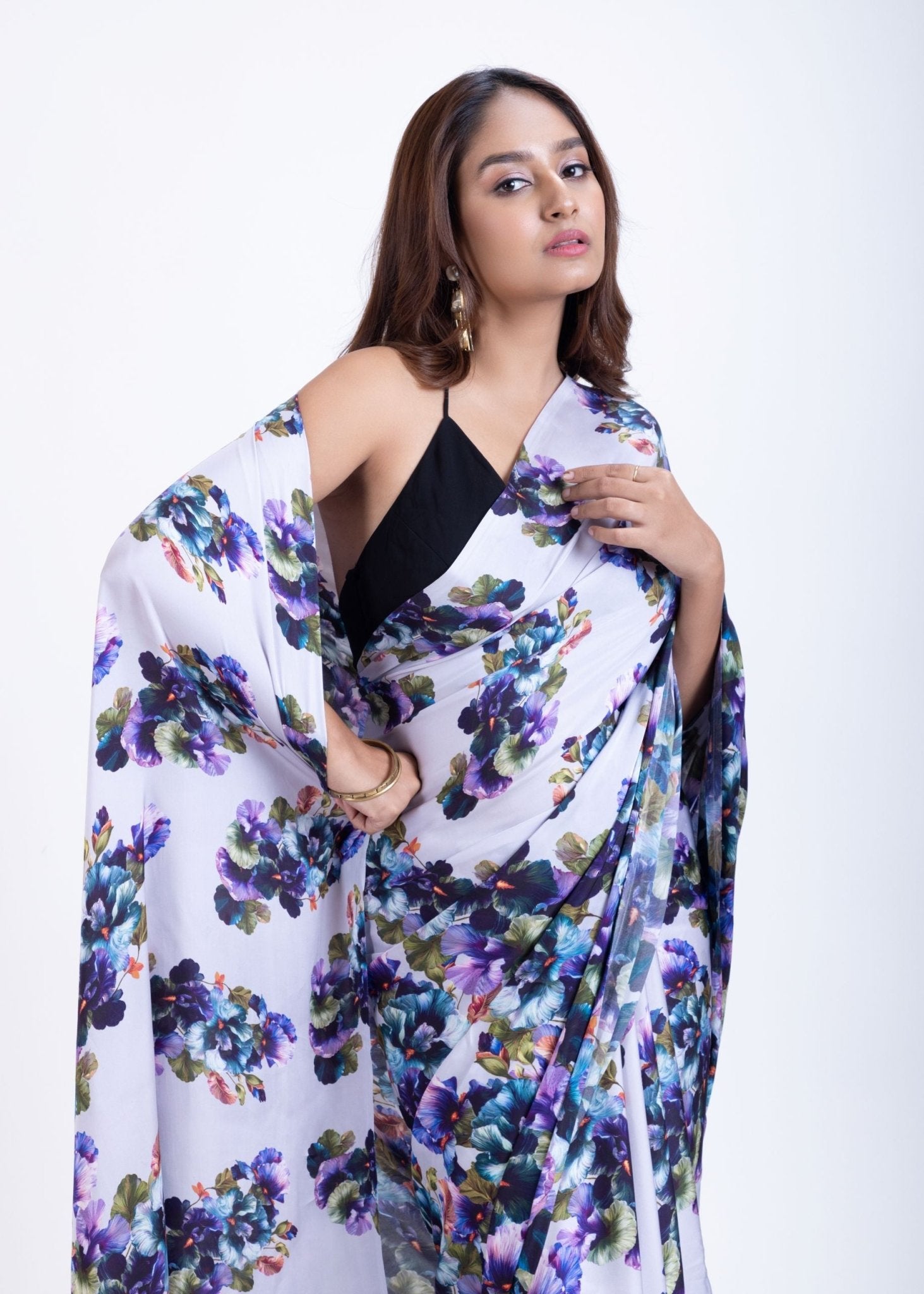Grey Satin Silk Saree With Blue Floral Prints - Anvi Couture