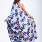 Grey Satin Silk Saree With Blue Floral Prints Back
