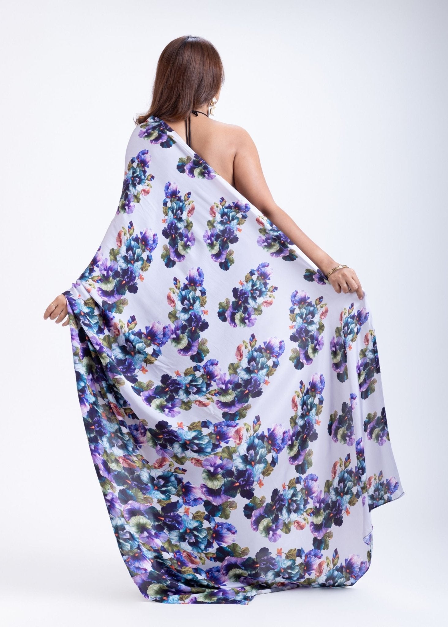 Grey Satin Silk Saree With Blue Floral Prints - Anvi Couture