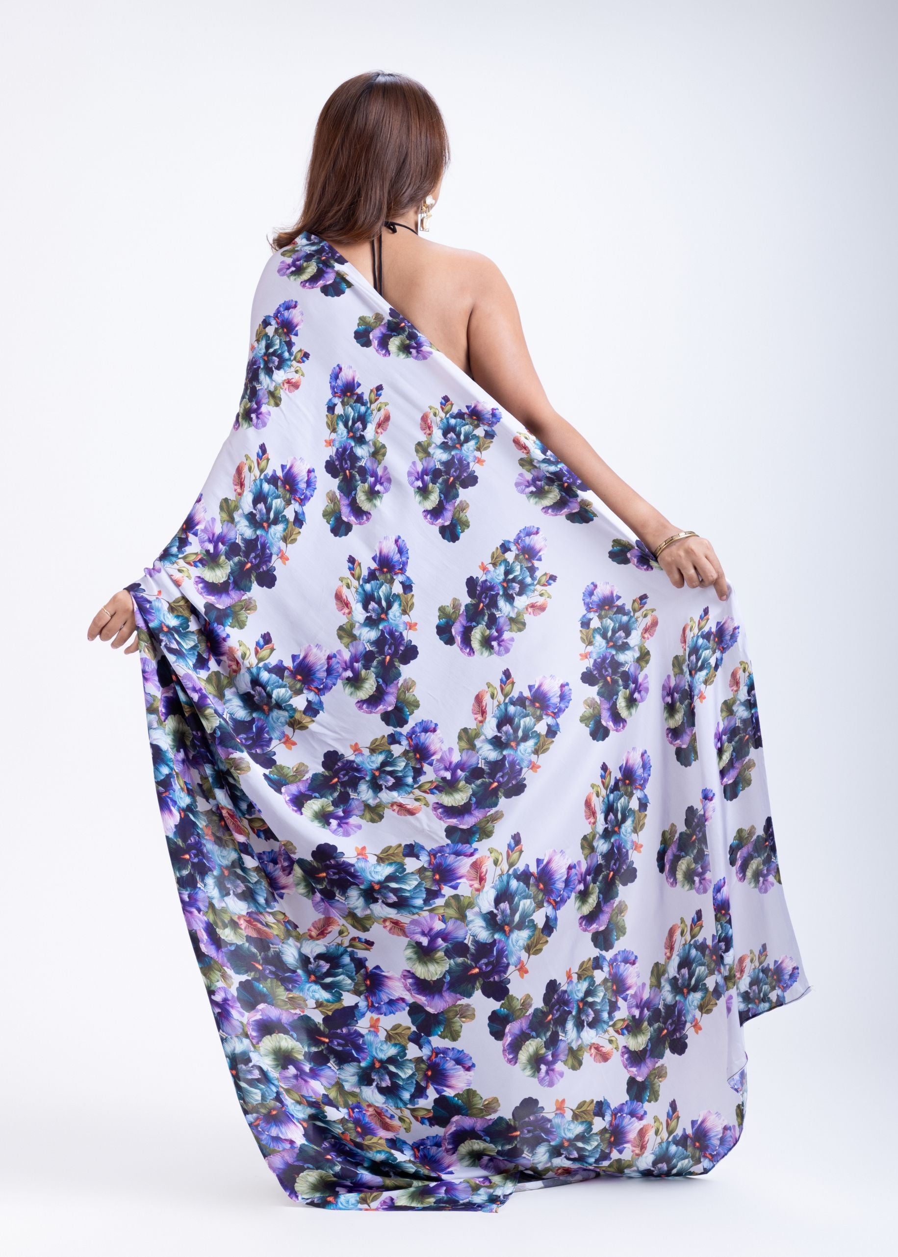 Grey Satin Silk Saree With Blue Floral Prints Back
