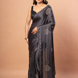 Grey Sequin Saree In Satin Silk With Shimmery tone. - Anvi Couture