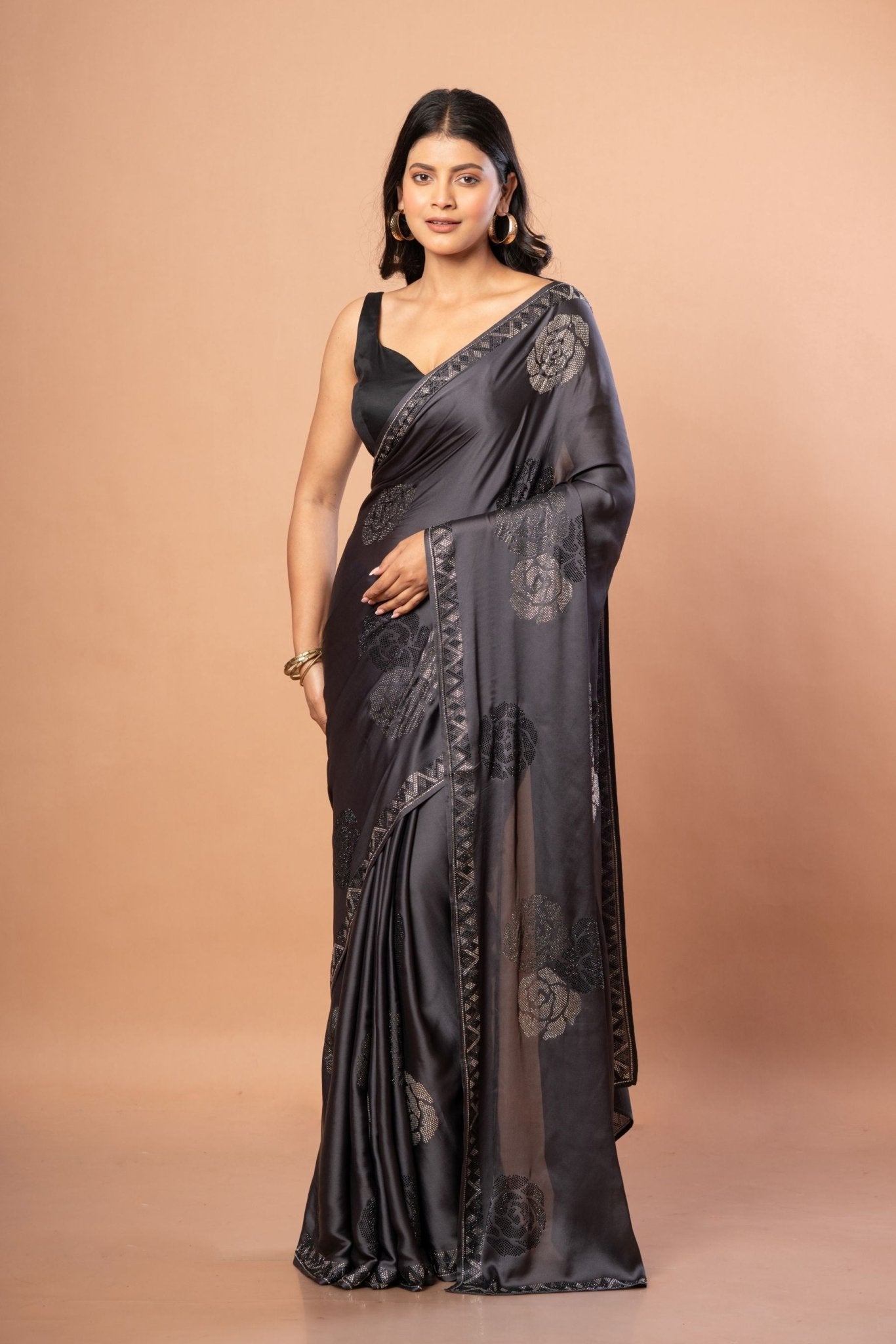 Grey Sequin Saree In Satin Silk With Shimmery tone. - Anvi Couture