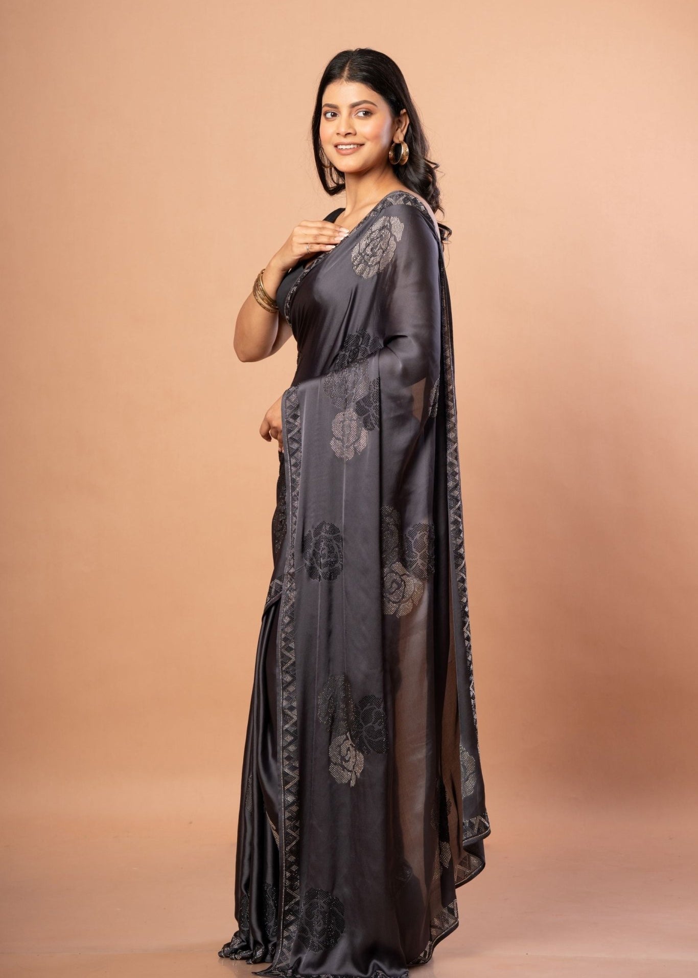 Grey Sequin Saree In Satin Silk With Shimmery tone. - Anvi Couture