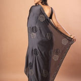 Grey Sequin Saree In Satin Silk With Shimmery tone. - Anvi Couture