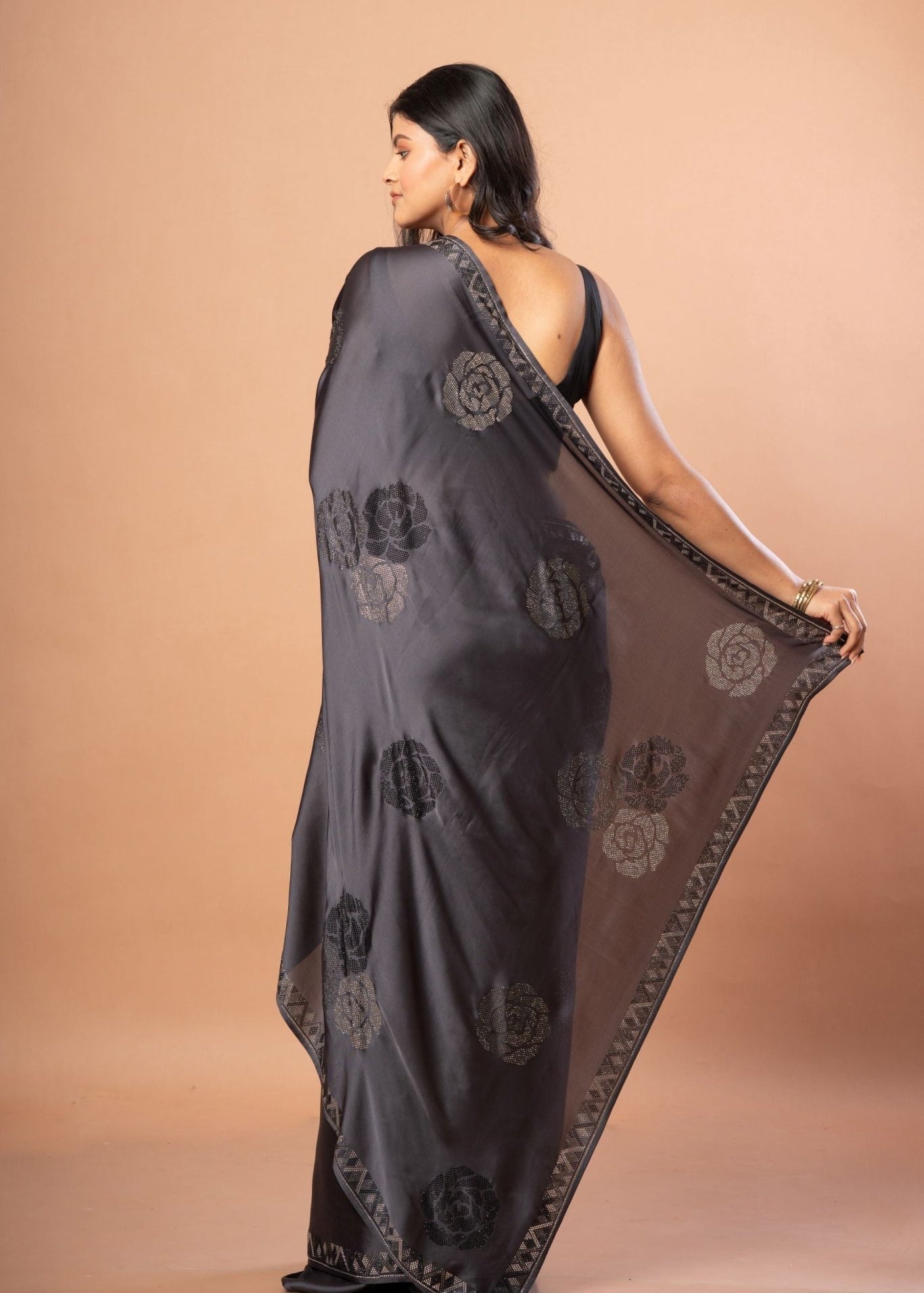 Grey Sequin Saree In Satin Silk With Shimmery tone. - Anvi Couture