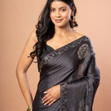 Grey Sequin Saree In Satin Silk With Shimmery tone. - Anvi Couture