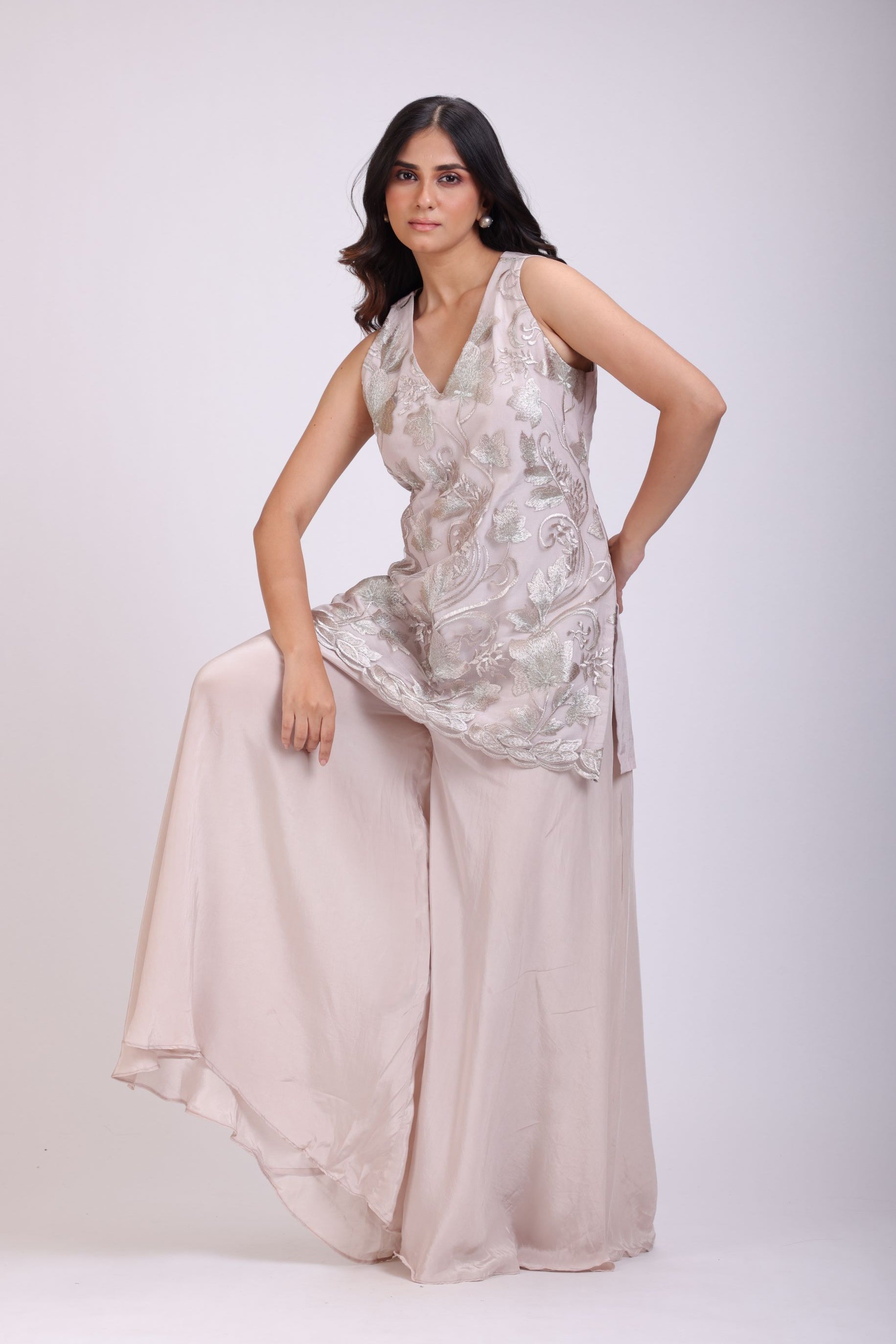 Grey Sharara Set With Lace Work front