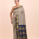 Grey and Blue Cotton Gadwal Saree Front View