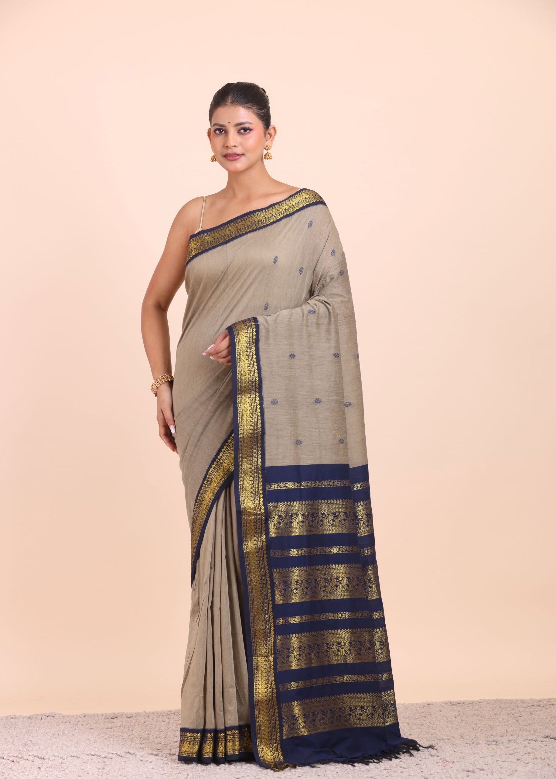 Grey and Blue Cotton Gadwal Saree Front View