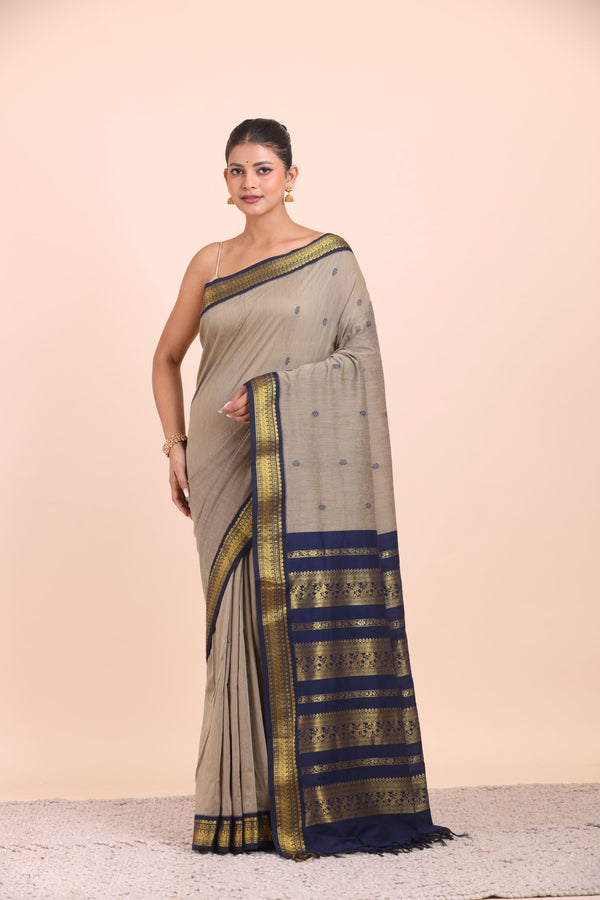 Grey and Blue Cotton Gadwal Saree Front View