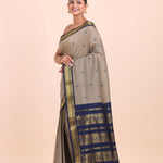 Grey and Blue Cotton Gadwal Saree Side View