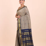 Grey and Blue Cotton Gadwal Saree Side View
