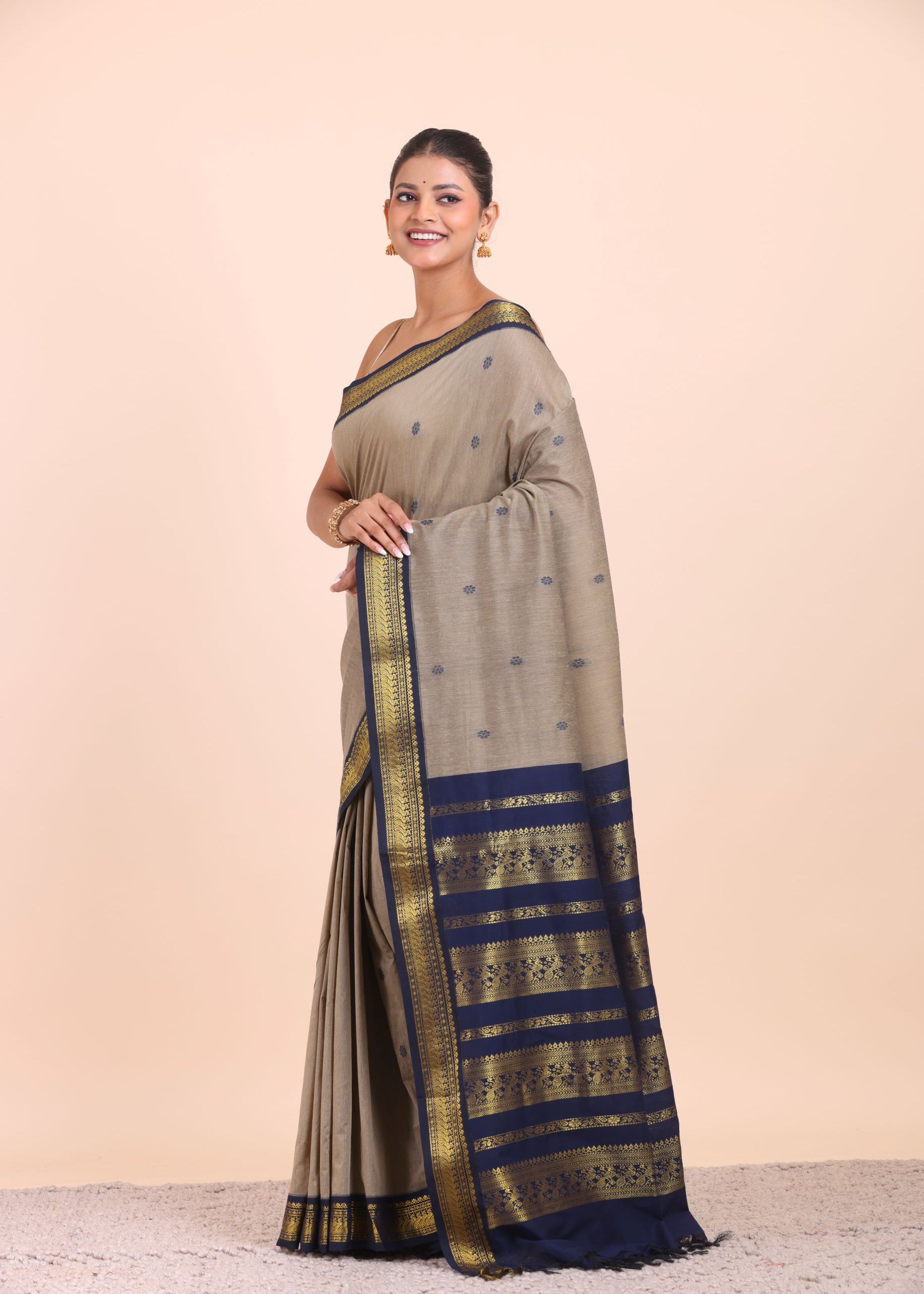 Grey and Blue Cotton Gadwal Saree Side View