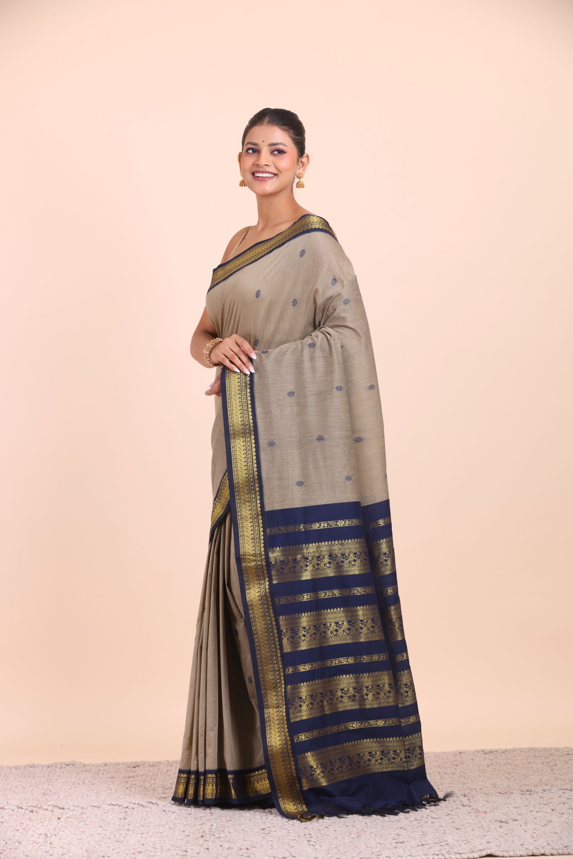 Grey and Blue Cotton Gadwal Saree Side View