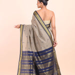 Grey and Blue Cotton Gadwal Saree Back View