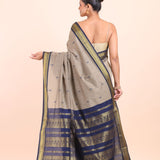 Grey and Blue Cotton Gadwal Saree Back View
