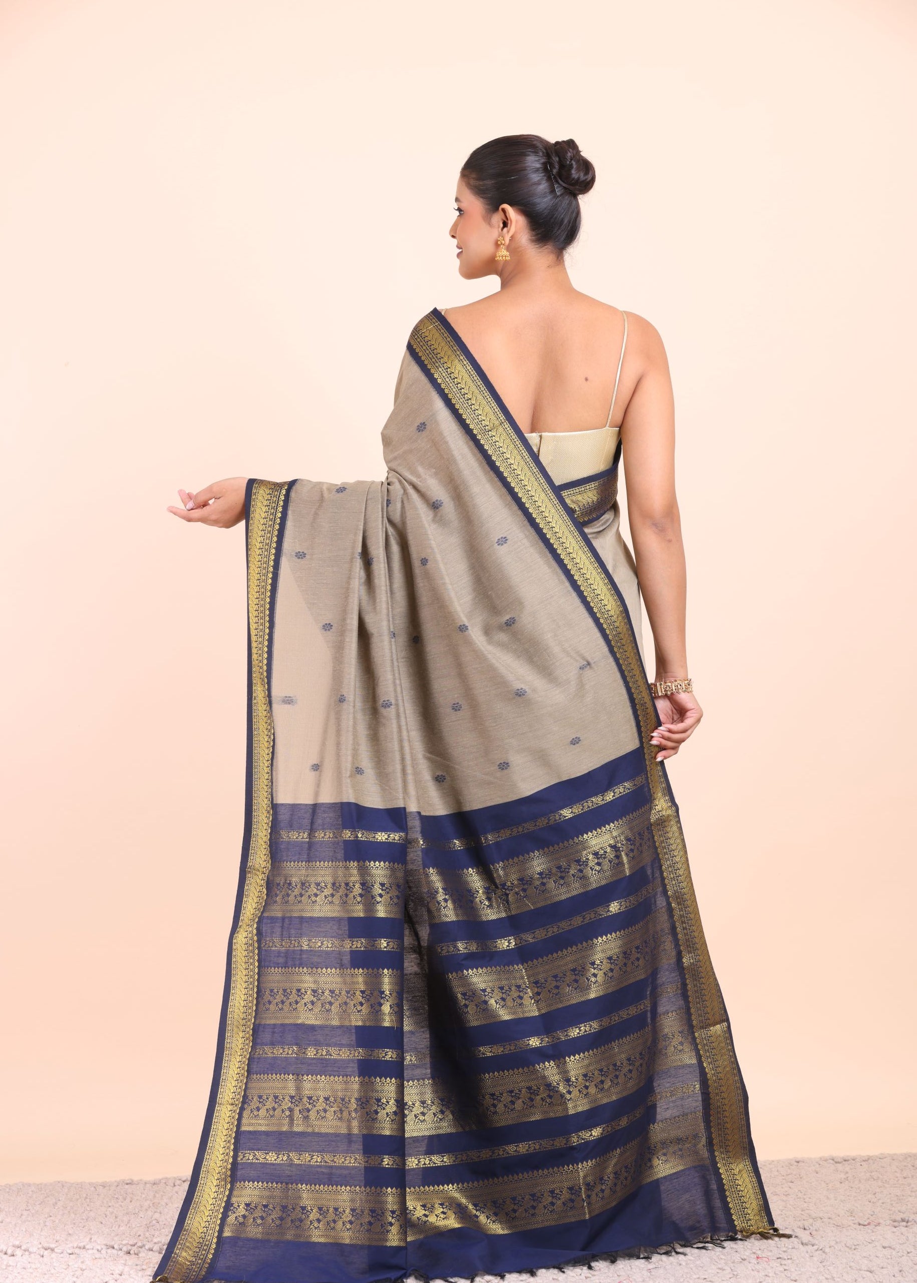Grey and Blue Cotton Gadwal Saree Back View