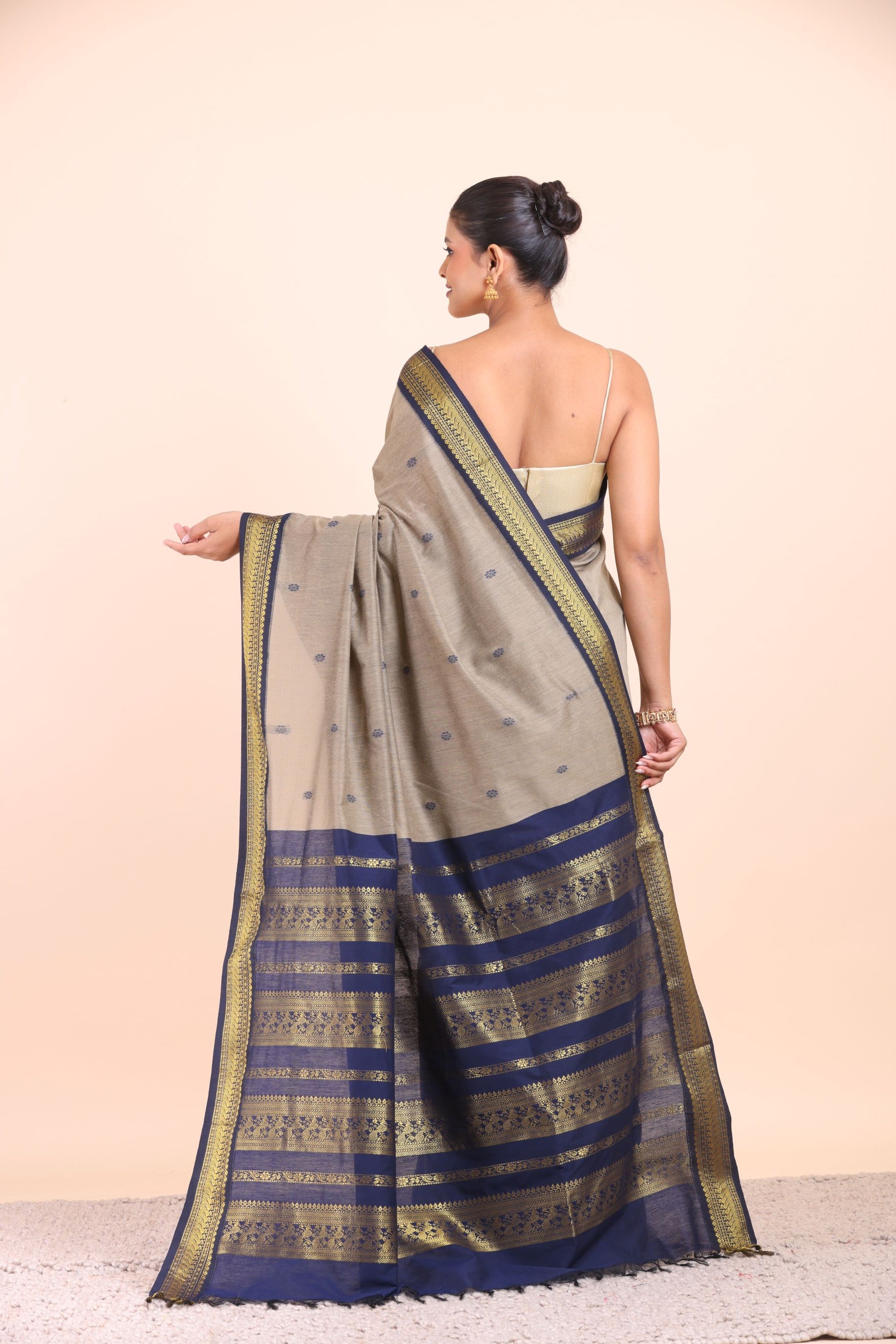 Grey and Blue Cotton Gadwal Saree Back View