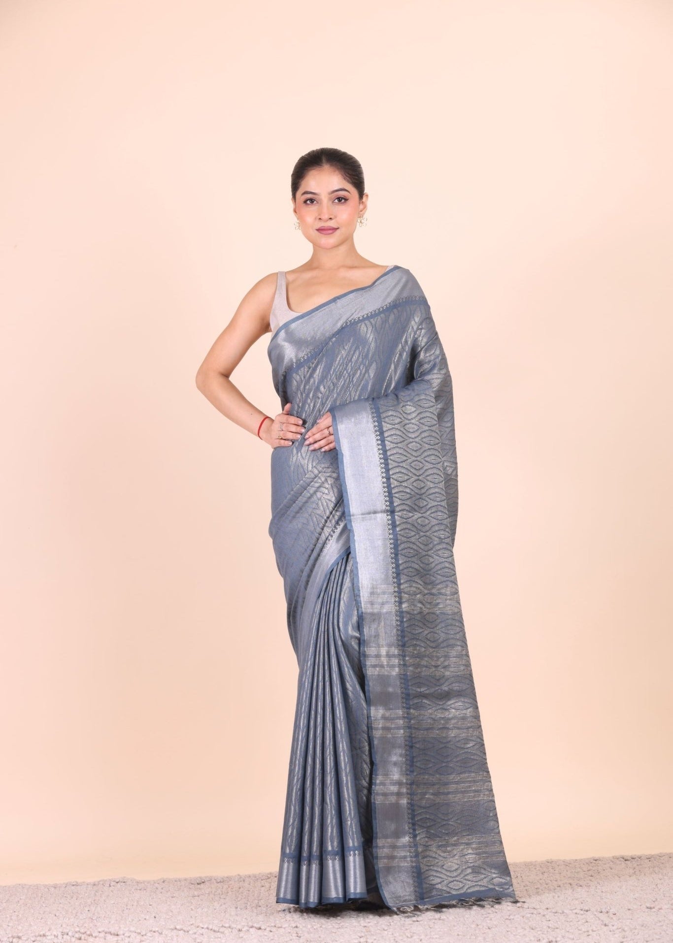 Grey and Silver Handloom Tissue Saree - Anvi Couture