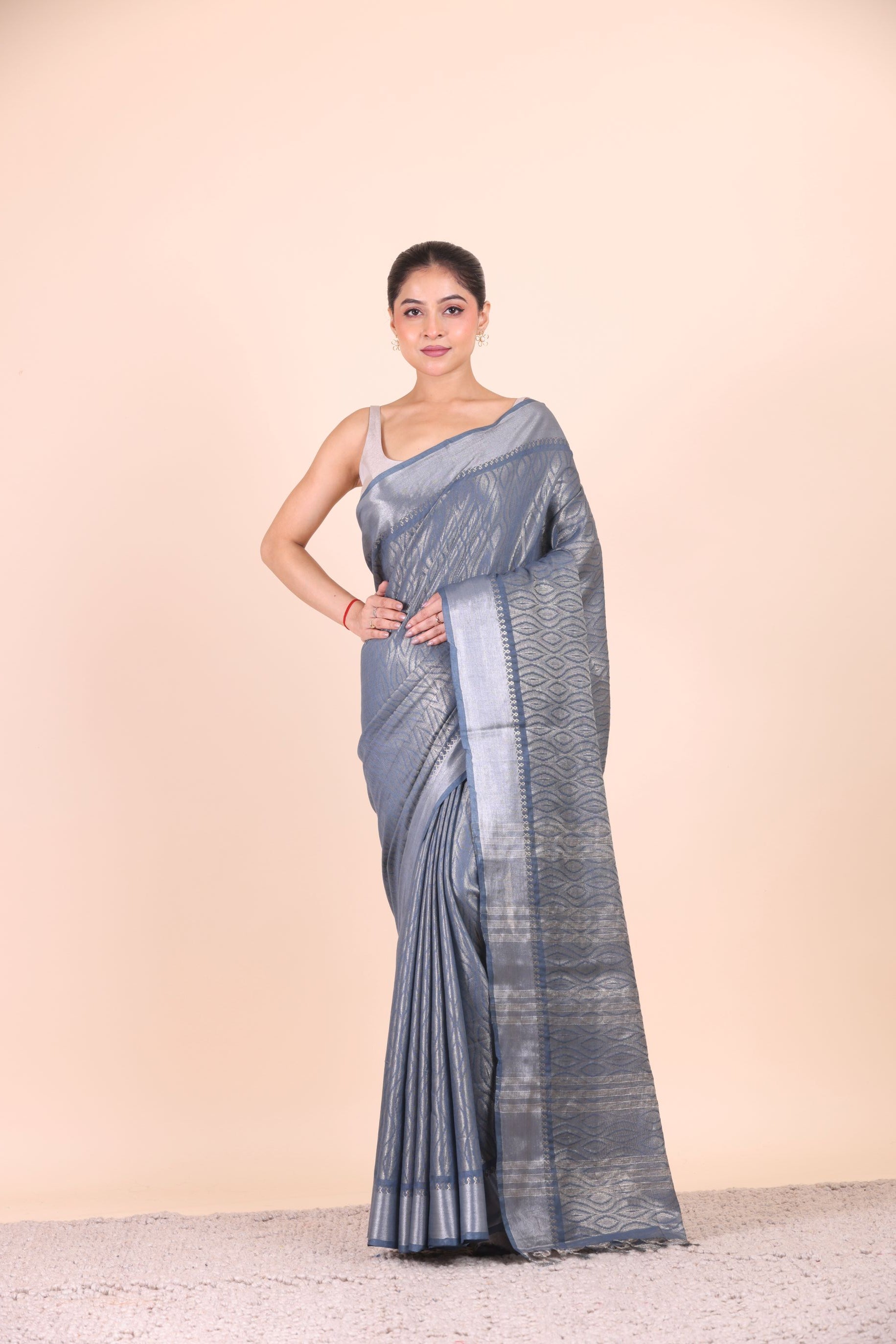 Grey and Silver Handloom Tissue Saree front View