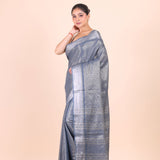 Grey and Silver Handloom Tissue Saree Side View