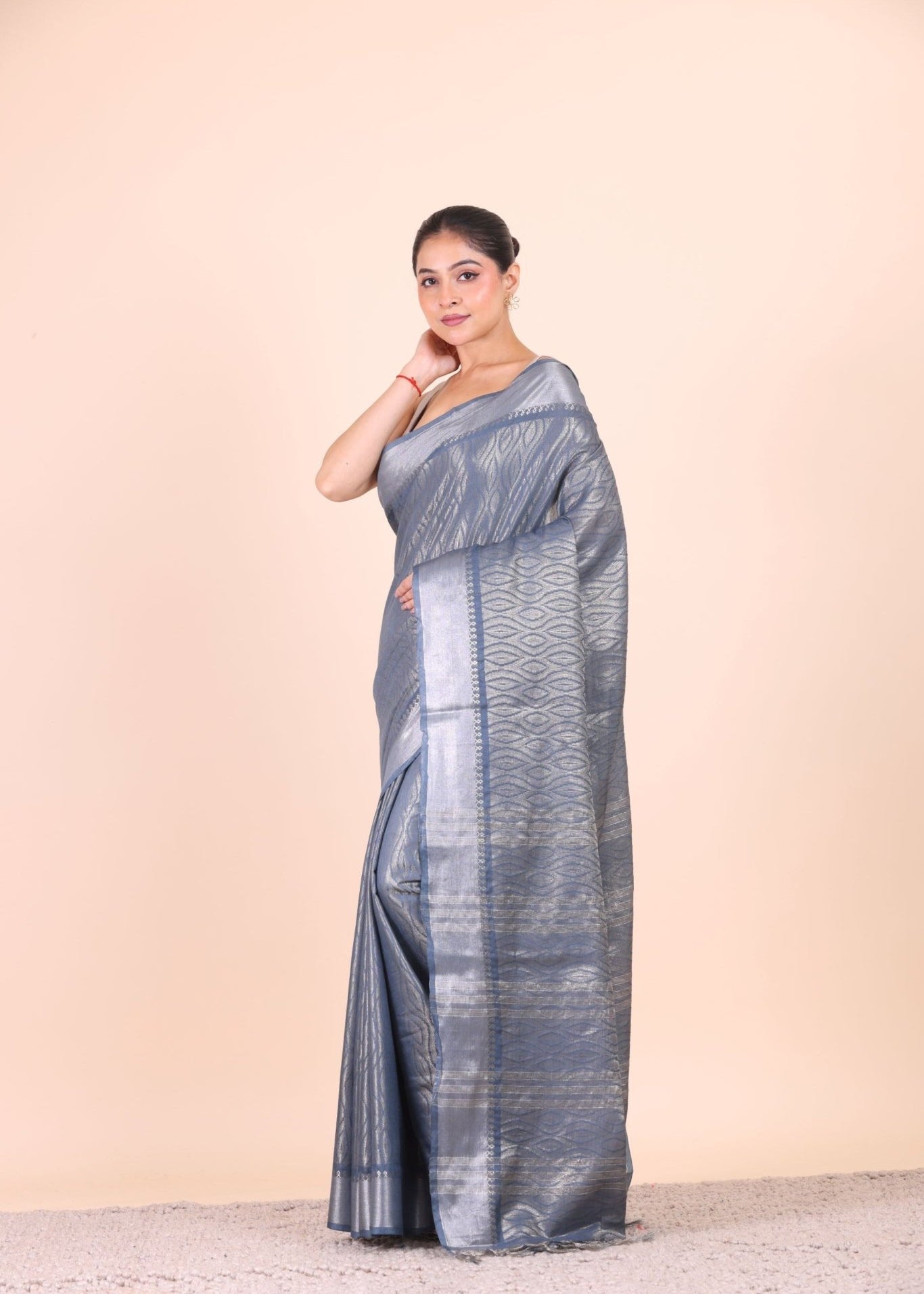 Grey and Silver Handloom Tissue Saree - Anvi Couture