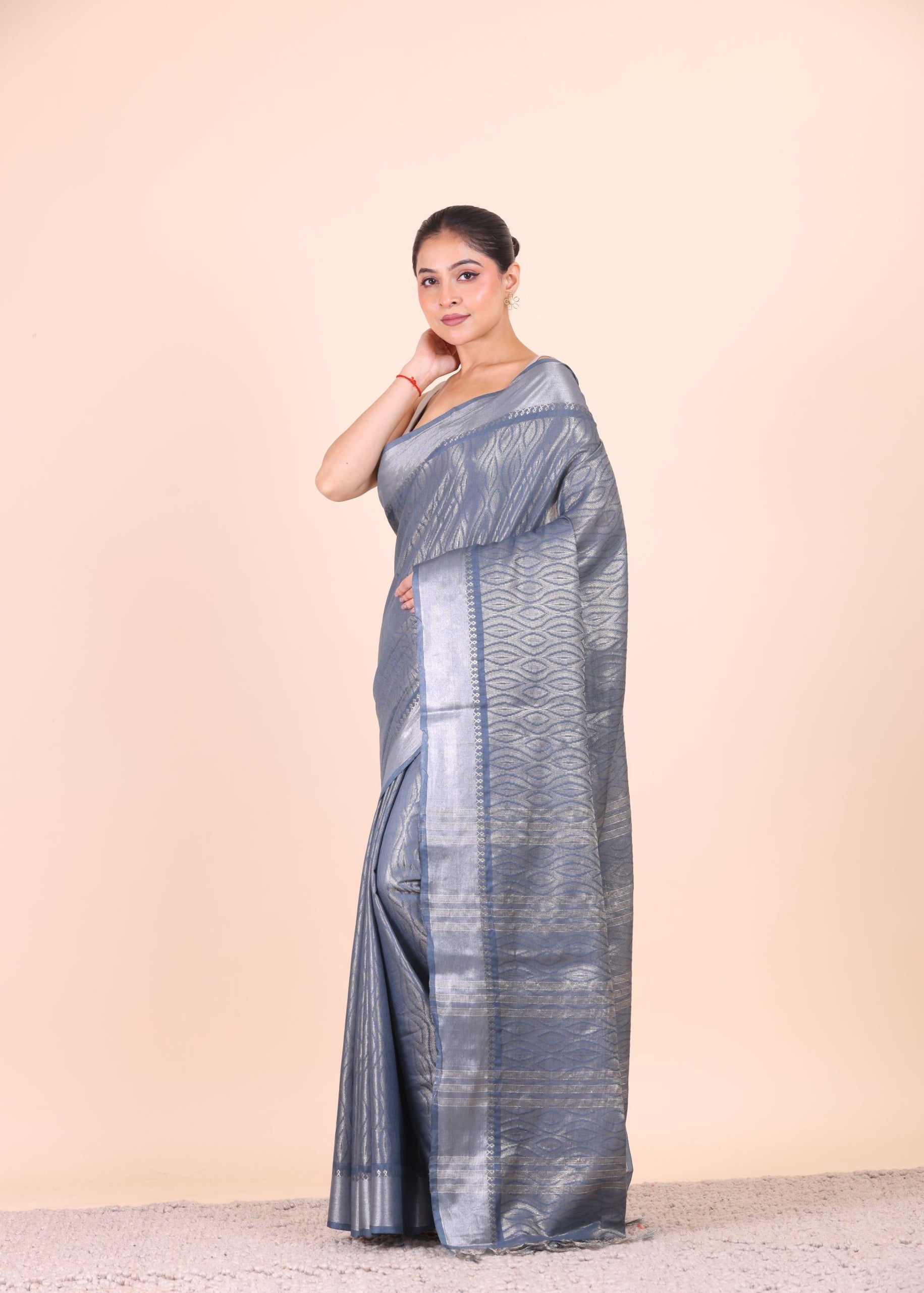 Grey and Silver Handloom Tissue Saree Side View