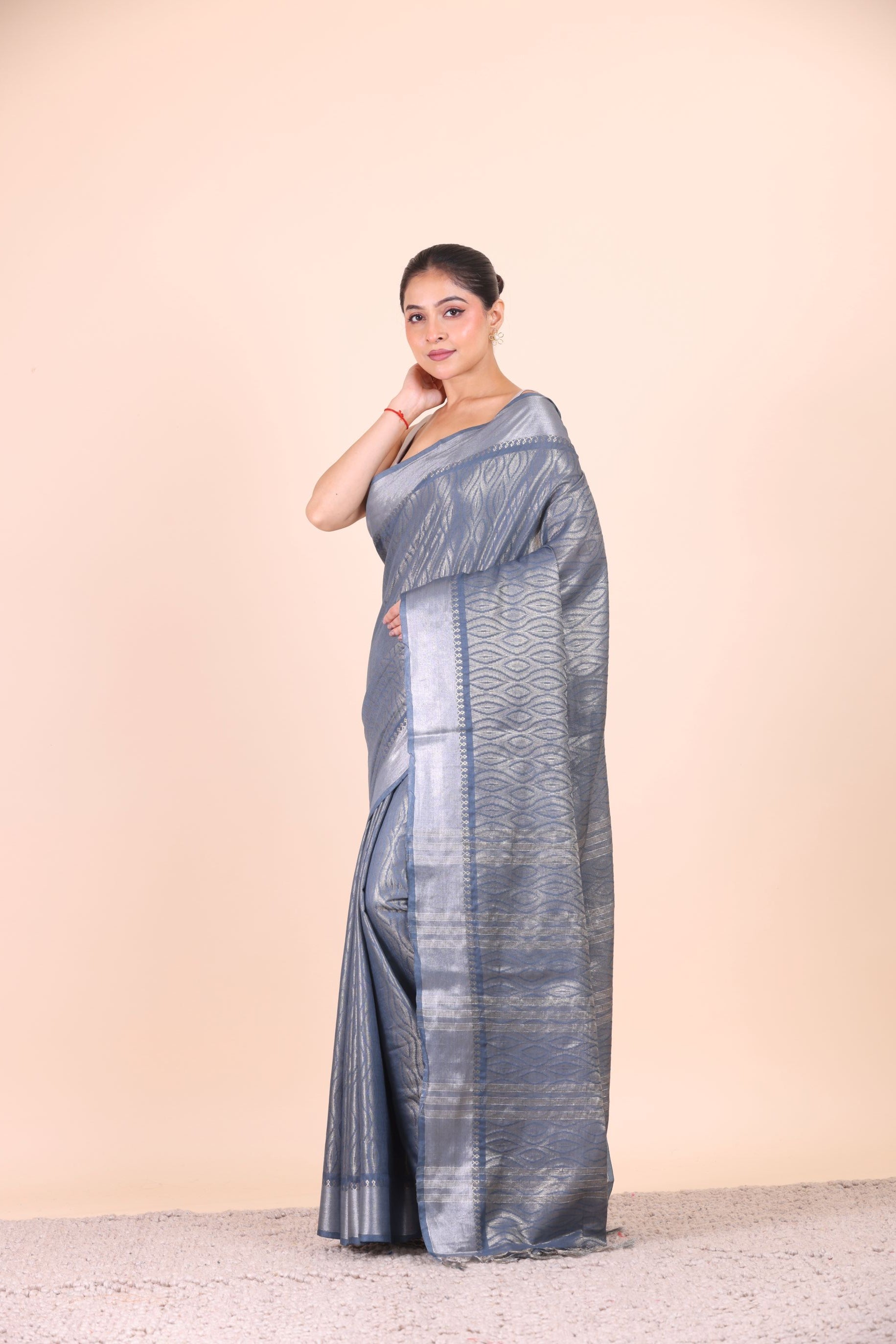 Grey and Silver Handloom Tissue Saree Side View