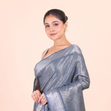 Grey and Silver Handloom Tissue Saree Close Up View