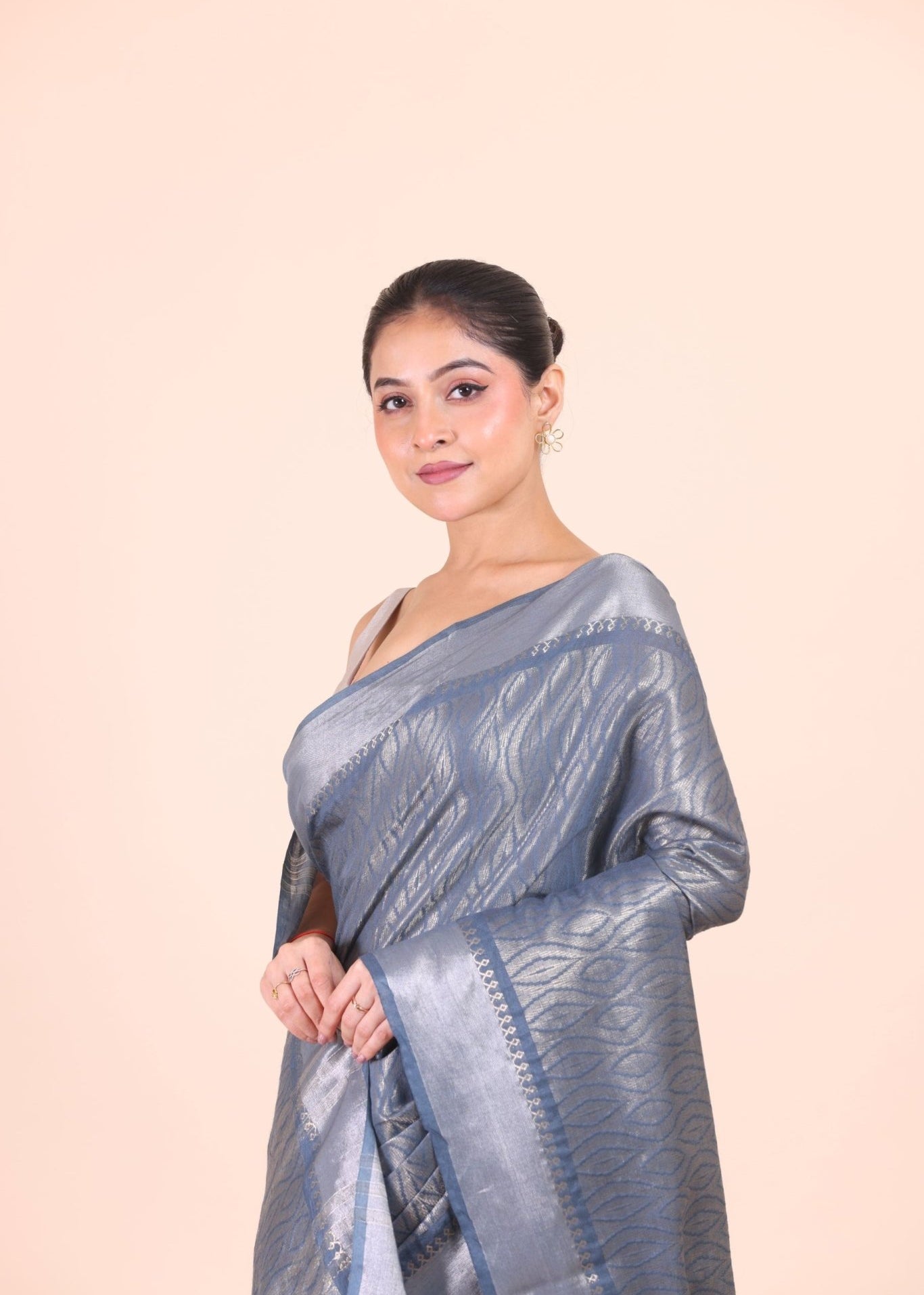 Grey and Silver Handloom Tissue Saree - Anvi Couture