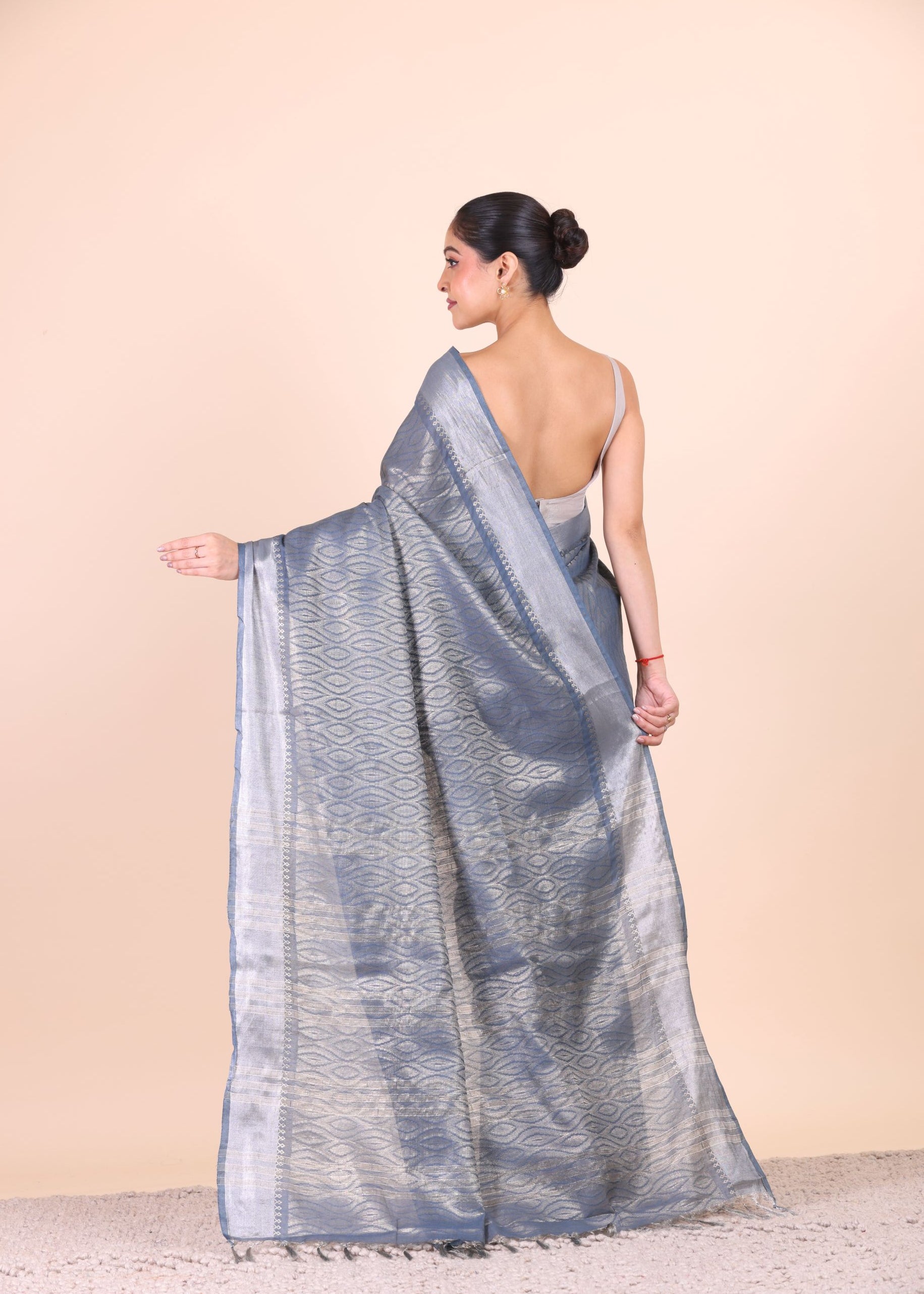 Grey and Silver Handloom Tissue Saree Back