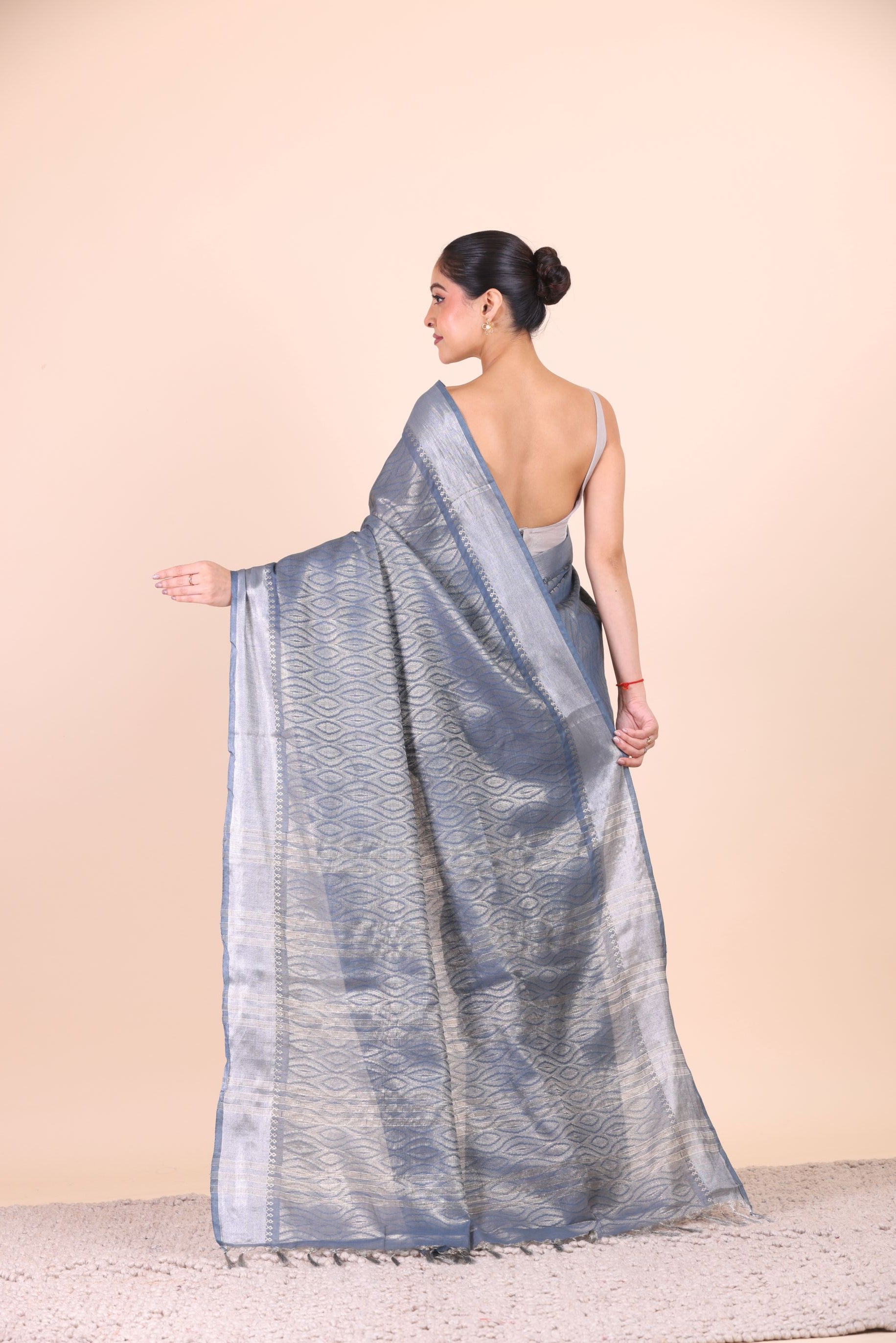 Grey and Silver Handloom Tissue Saree Back