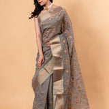 Grey saree in Zari Kota silk with Hand woven floral Jaal work