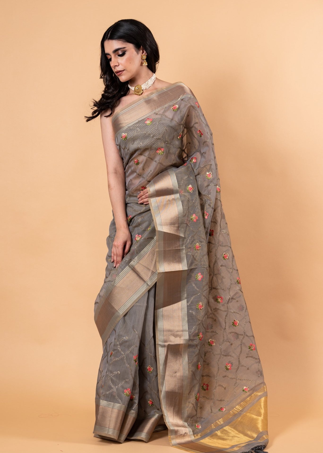 Grey saree in Zari Kota silk with Hand woven floral Jaal work