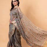 Grey saree in Kota silk with Hand woven floral Jaal work
