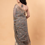 Grey saree in Zari Kota silk with Hand floral Jaal work