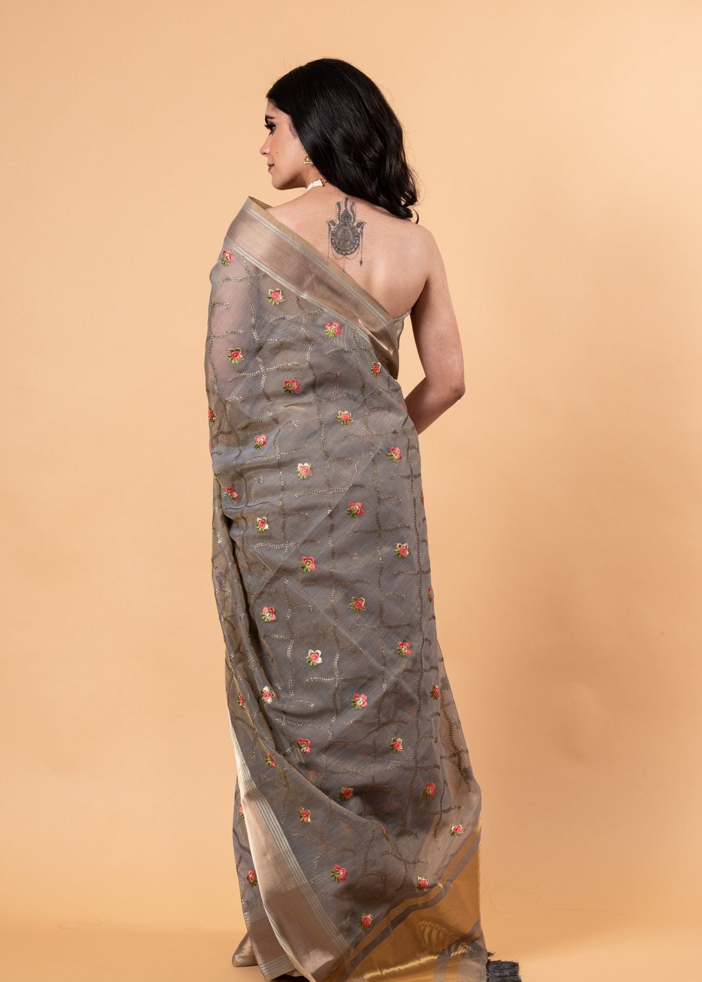 Grey saree in Zari Kota silk with Hand floral Jaal work