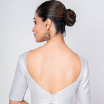 Silver Half Sleeves Queen Anne Neck Tissue Silk Blouse - Anvi Couture