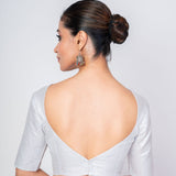 Silver Half Sleeves Queen Anne Neck Tissue Silk Blouse - Anvi Couture
