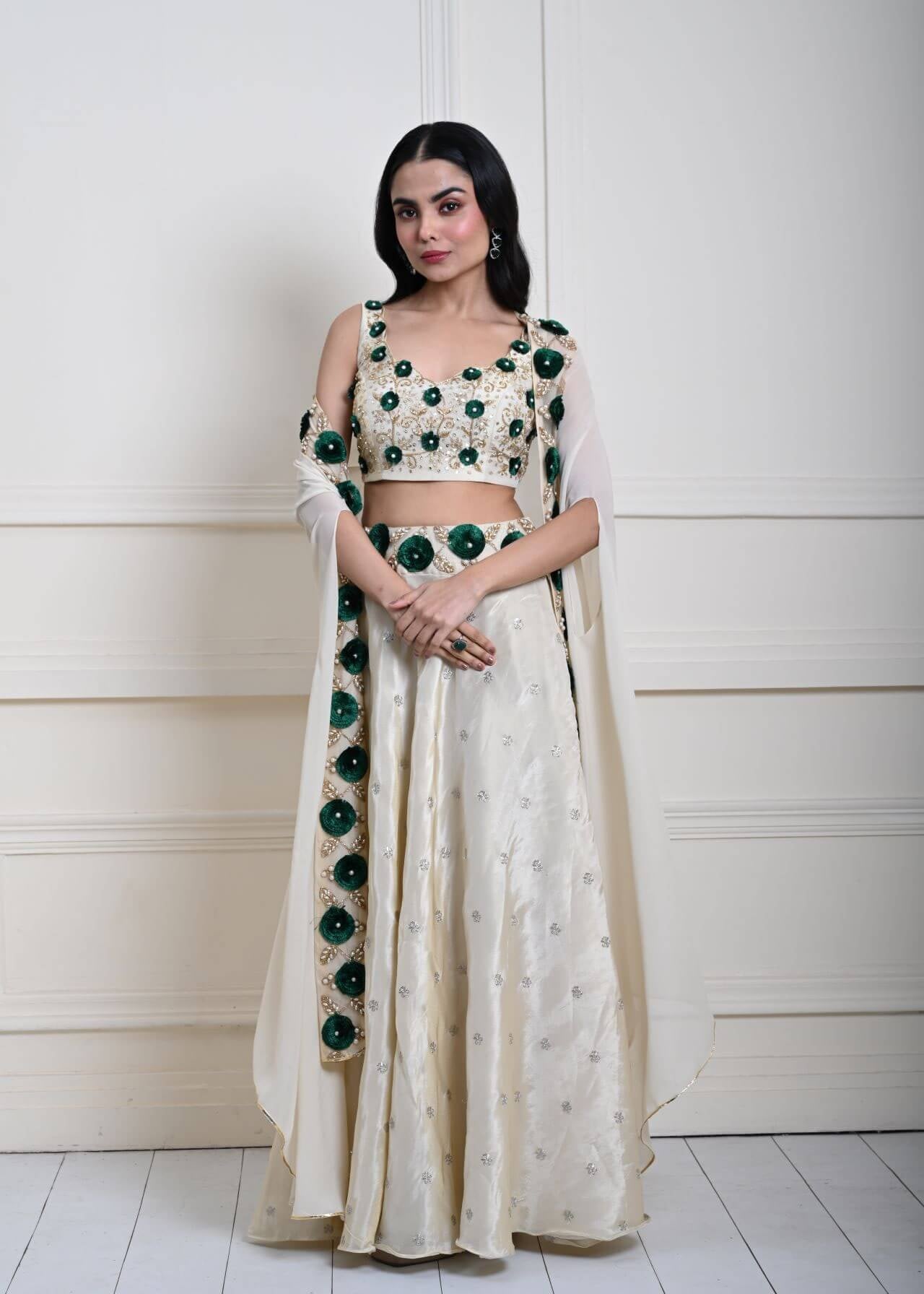 Hand Embroidered Ivory Cape Lehenga Choli in Premium Tissue Silk - Anvi Couture
